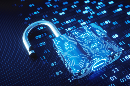 Cybersecurity Lock Open lock with binary and circuit board overlay